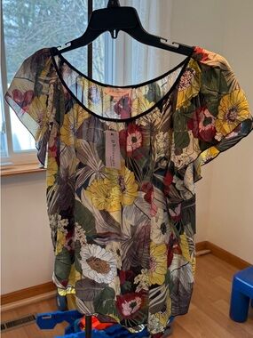 NWT Philosophy Sheer Floral Flutter Sleeve Blouse - Yellow, Green, Red